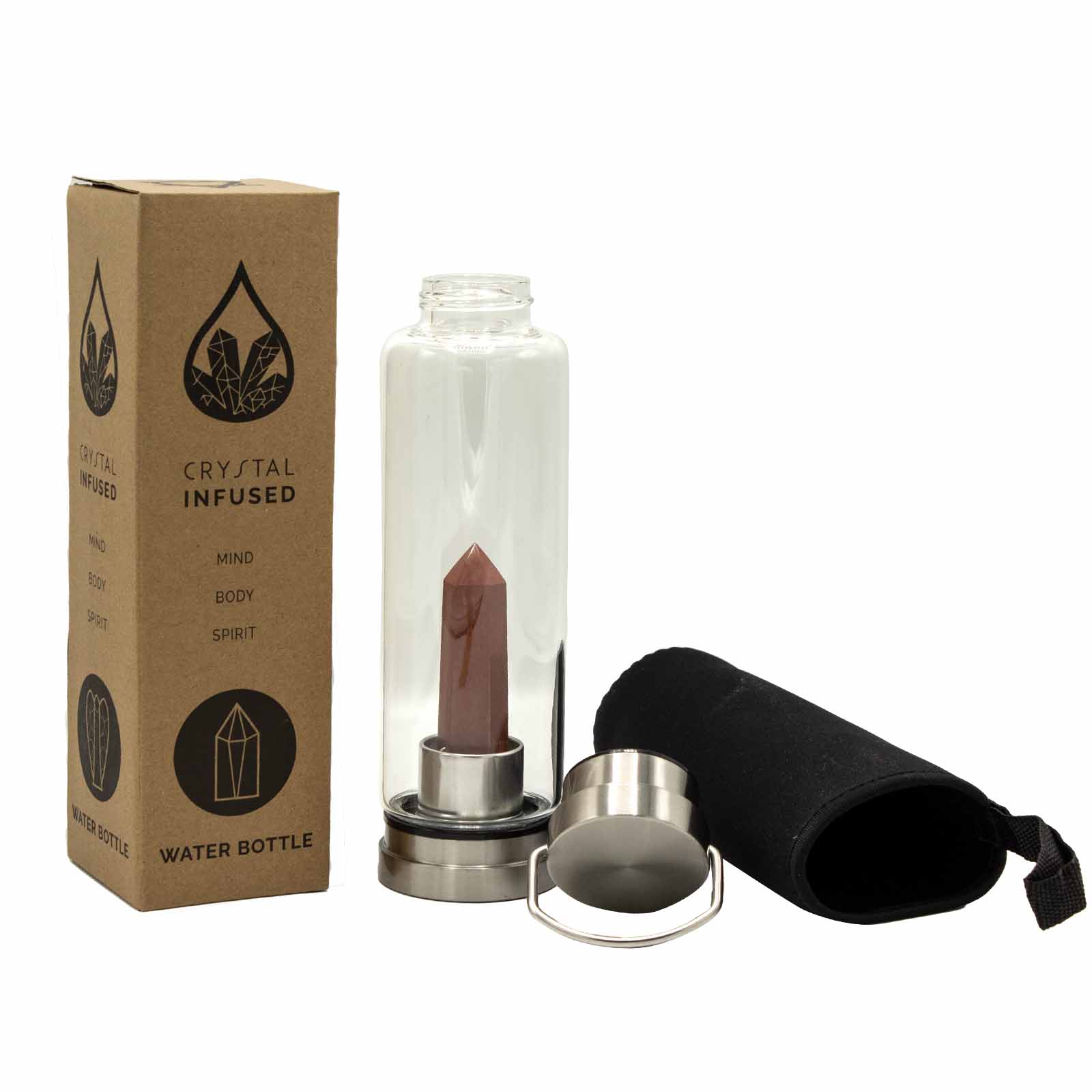 Ancient Wisdom Crystal Infused Glass Water Bottle - Invigorating Red Jasper - Obelisk