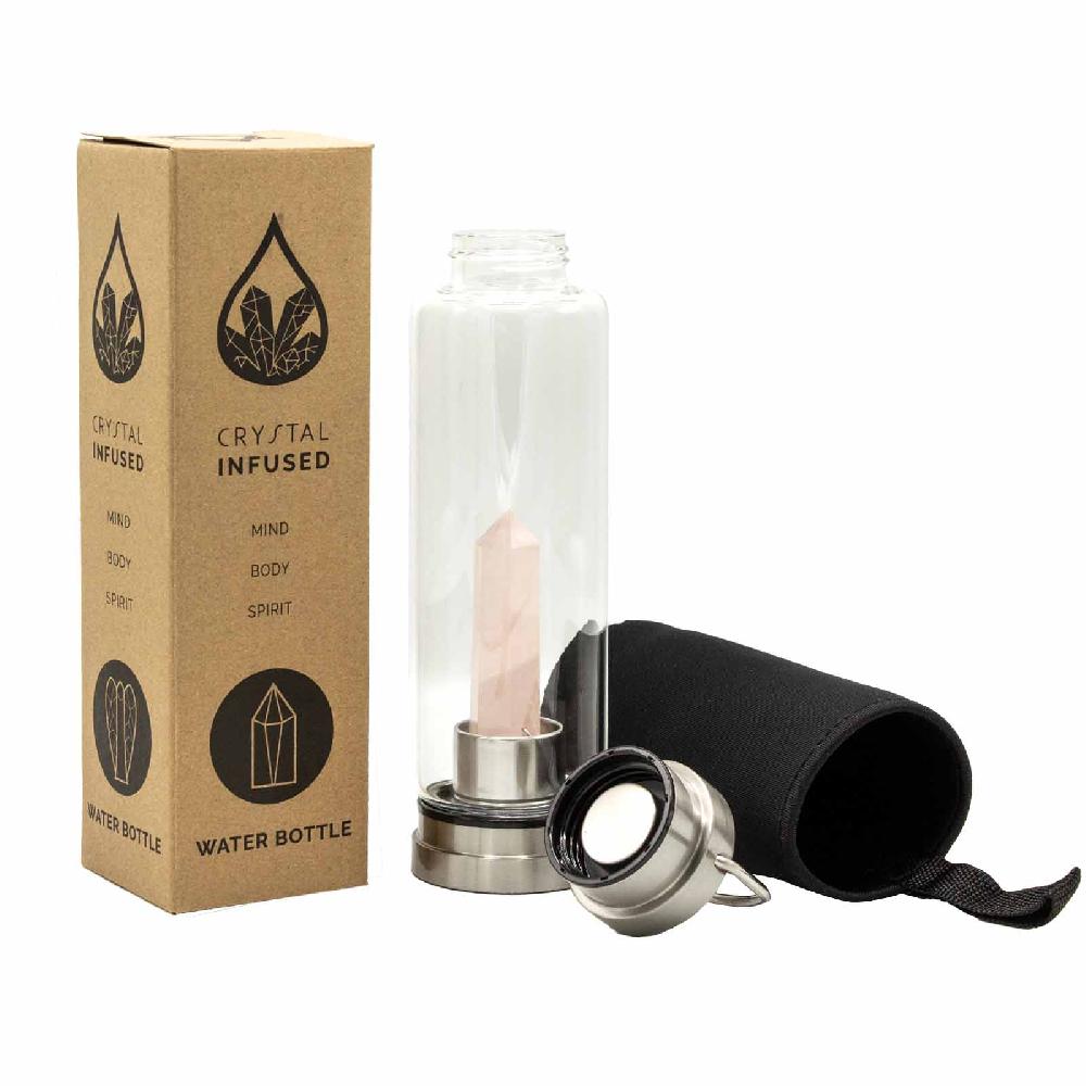 Ancient Wisdom Crystal Infused Glass Water Bottle - Rejuvenating Rose Quartz - Obelisk