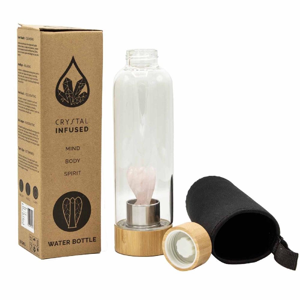 Ancient Wisdom Crystal Infused Glass Water Bottle - Rejuvenating Rose Quartz - Angel