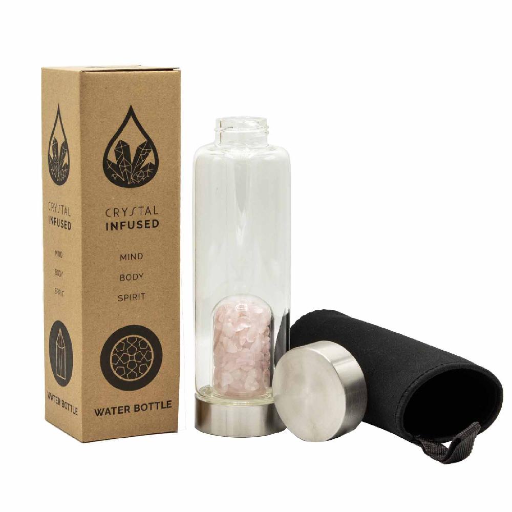 Ancient Wisdom Crystal Infused Glass Water Bottle - Rejuvenating Rose Quartz - Chips
