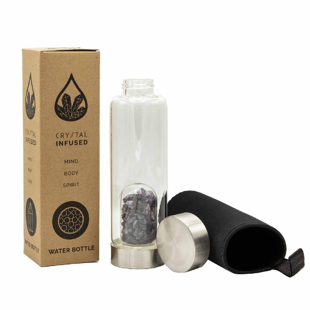 Ancient Wisdom Crystal Infused Glass Water Bottle - Relaxing Amethyst - Chips