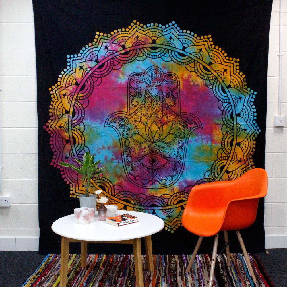 Ancient Wisdom Double Cotton Bedspread + Wall Hanging - Black Hamsa