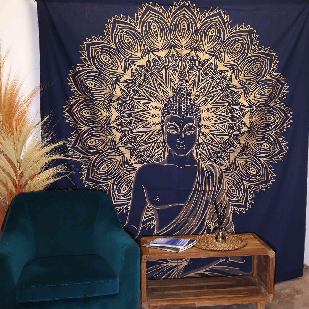 Ancient Wisdom Double Cotton Bedspread + Wall Hanging - Buddha - Blue Gold