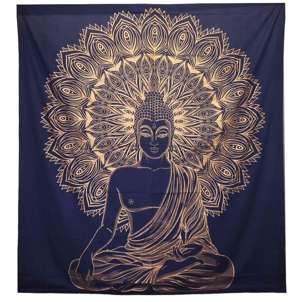 ancient wisdom Double Cotton Bedspread + Wall Hanging - Buddha - Blue Gold
