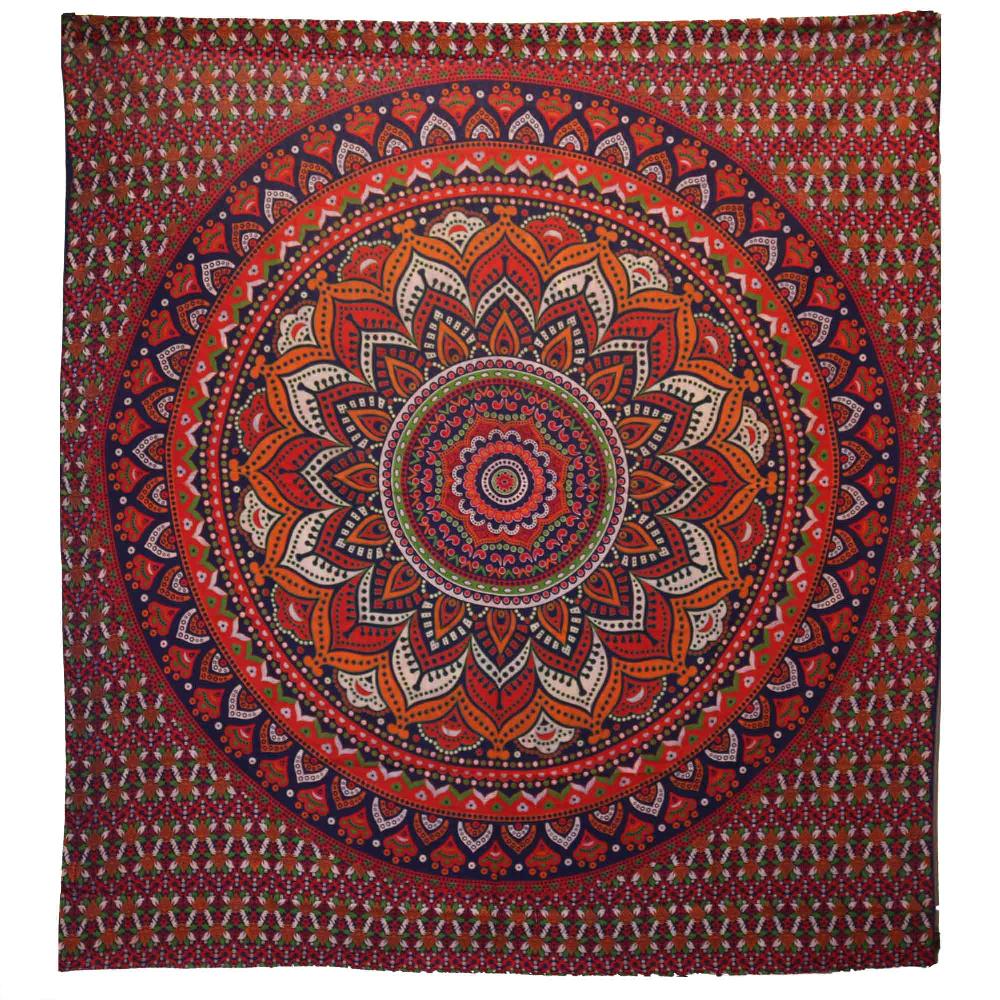 ancient wisdom Double Cotton Bedspread + Wall Hanging - Classic Mandala - Orange / Blue