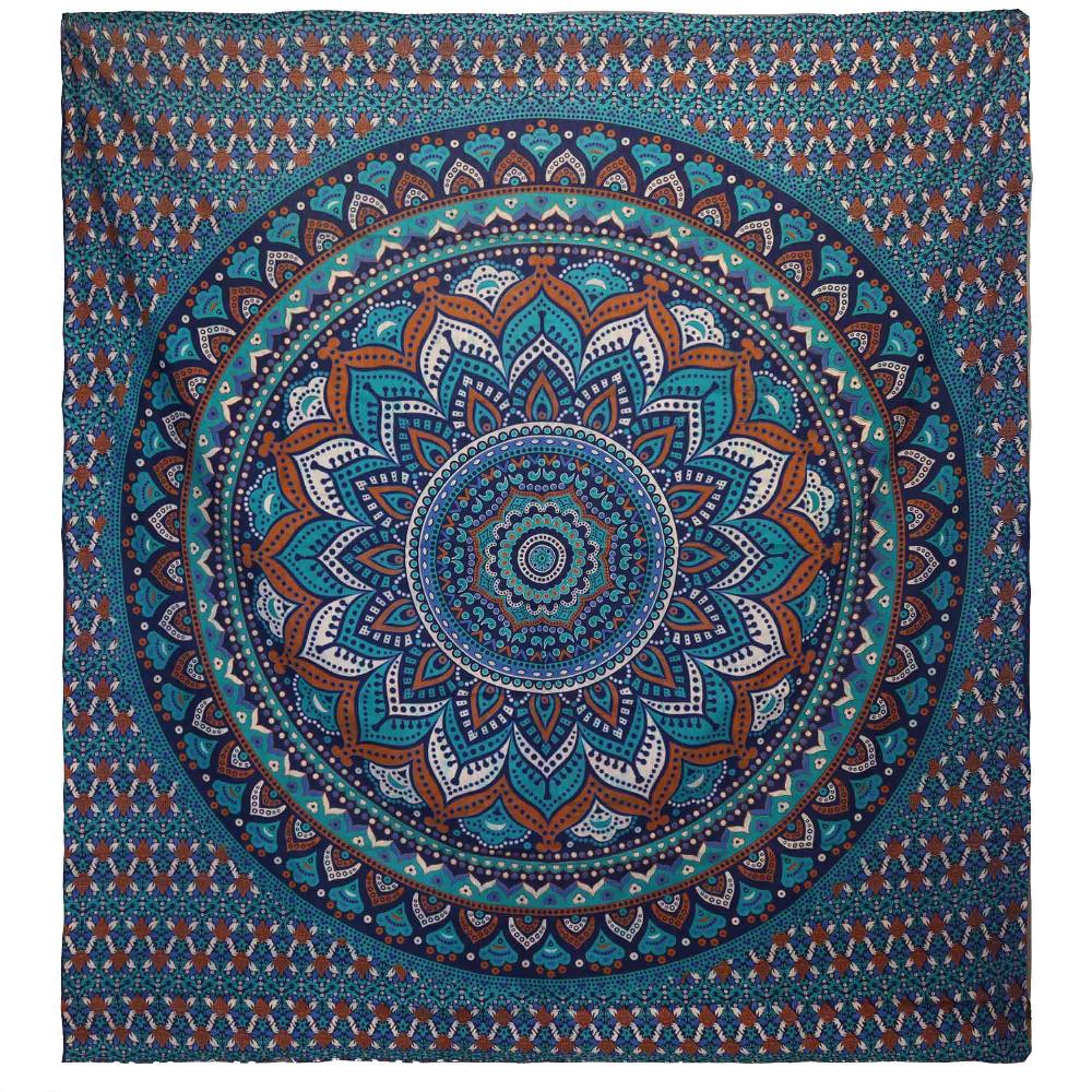 ancient wisdom Double Cotton Bedspread + Wall Hanging - Classic Mandala - Turquoise