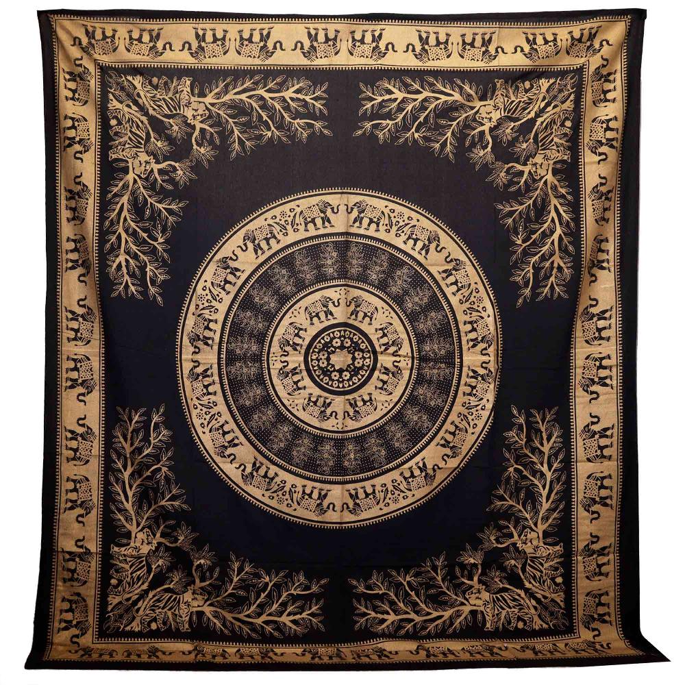 ancient wisdom Double Cotton Bedspread + Wall Hanging - Elephant Jungle - Black Gold