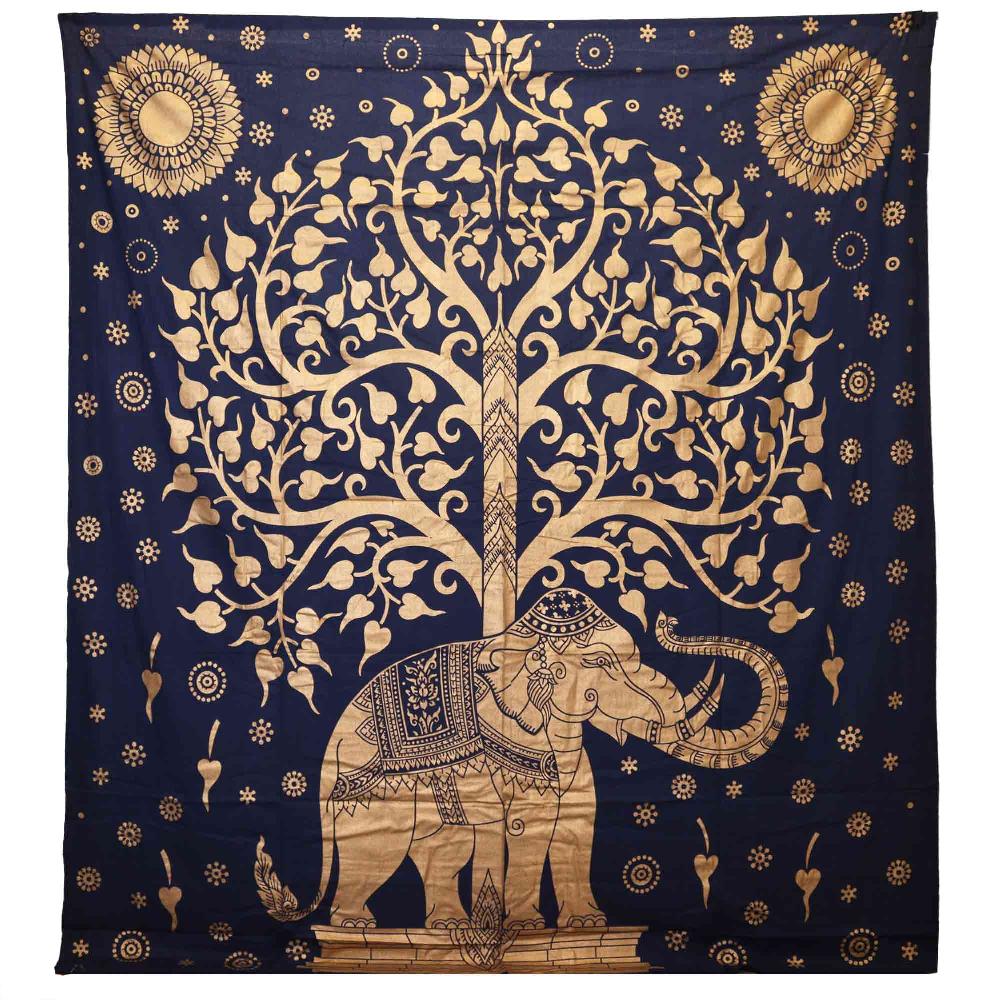 ancient wisdom Double Cotton Bedspread + Wall Hanging - Elephant & Tree - Blue Gold