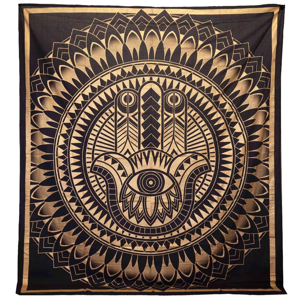 ancient wisdom Double Cotton Bedspread + Wall Hanging - Hamsa - Black Gold