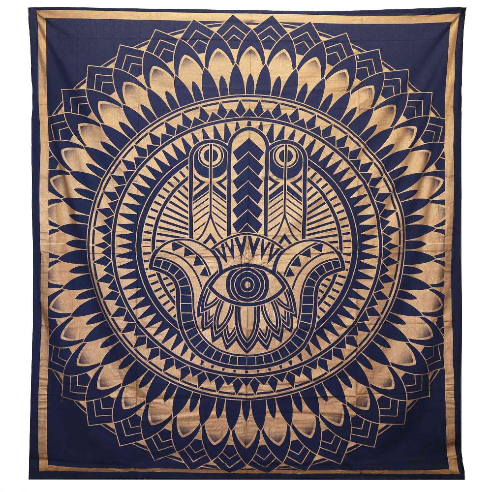 ancient wisdom Double Cotton Bedspread + Wall Hanging - Hamsa - Blue Gold