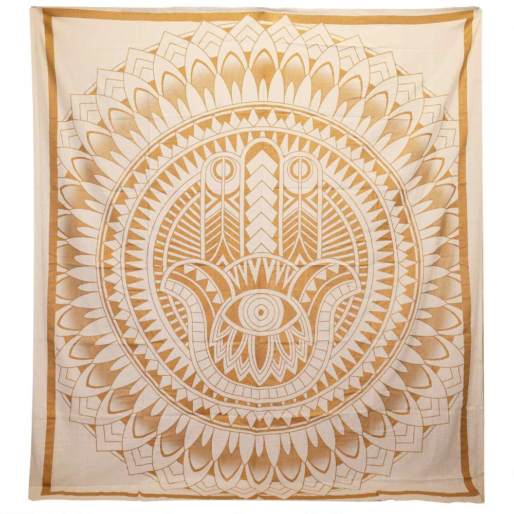ancient wisdom Double Cotton Bedspread + Wall Hanging - Hamsa - White Gold