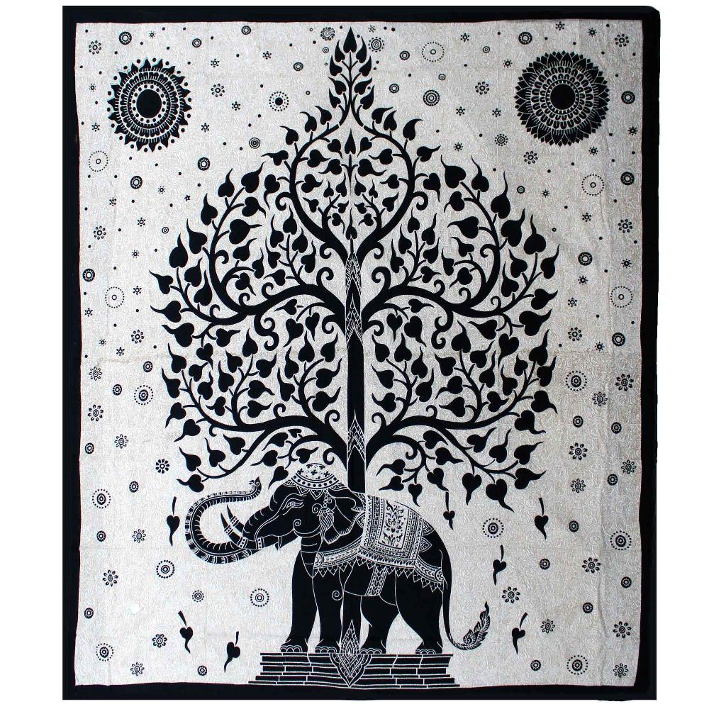 ancient wisdom Double Cotton Bedspread + Wall Hanging - Mono - Elephant Tree