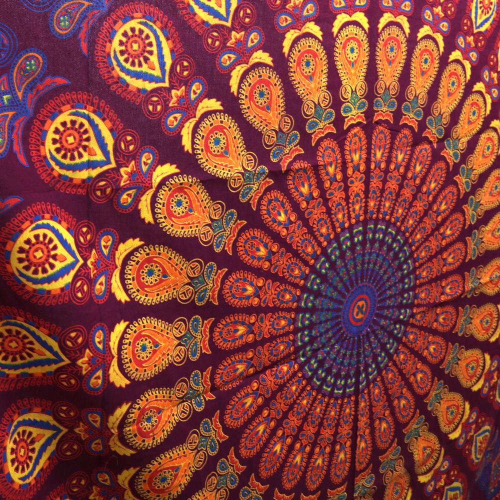 Ancient Wisdom Double Cotton Bedspread + Wall Hanging - Peacock Mandala - Maroon