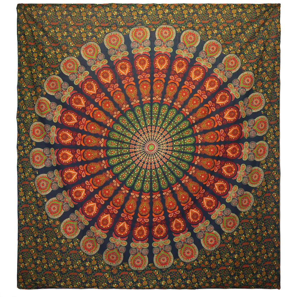 ancient wisdom Double Cotton Bedspread + Wall Hanging - Peacock Mandala - Green