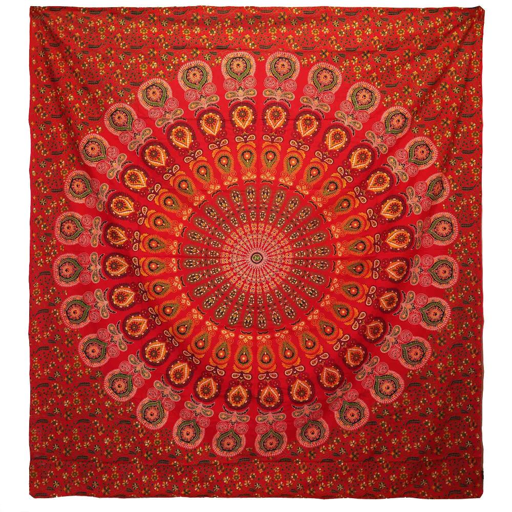 ancient wisdom Double Cotton Bedspread + Wall Hanging - Peacock Mandala - Red
