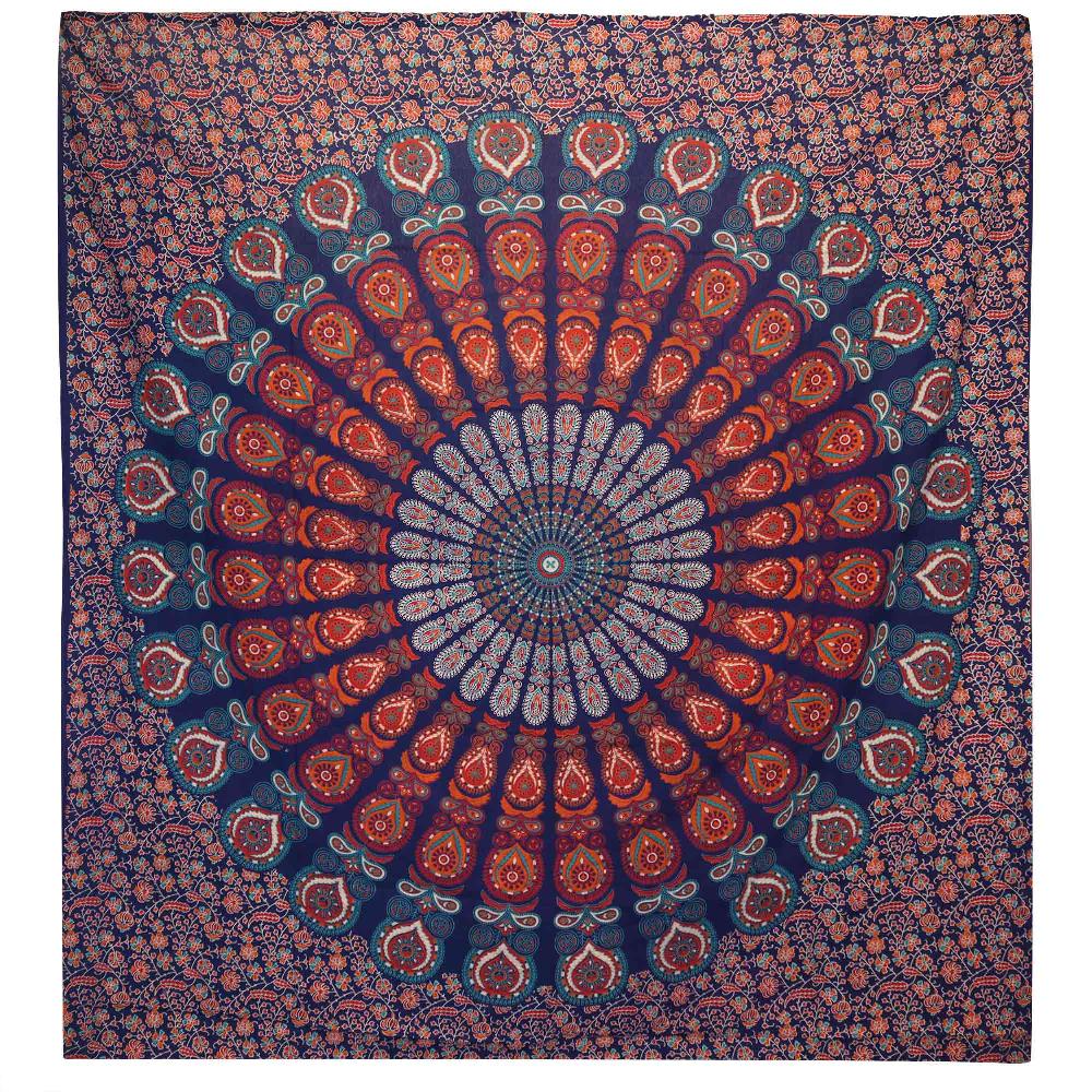 ancient wisdom Double Cotton Bedspread + Wall Hanging - Peacock Mandala - Blue