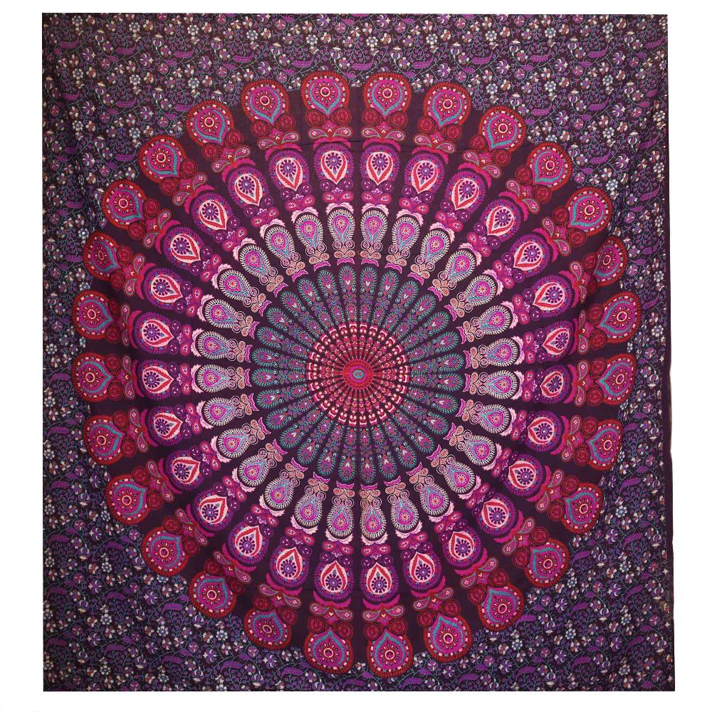 ancient wisdom Double Cotton Bedspread + Wall Hanging - Peacock Mandala - Purple