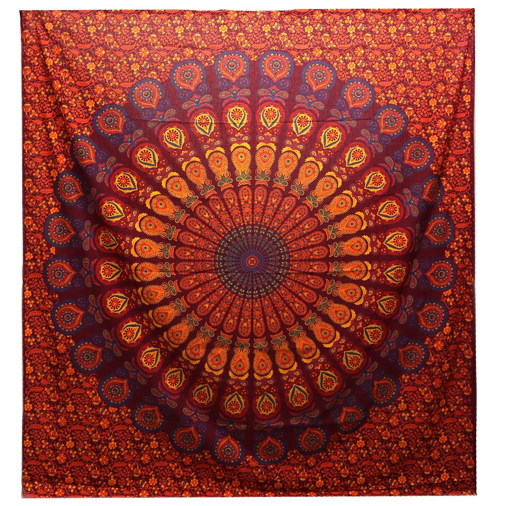 ancient wisdom Double Cotton Bedspread + Wall Hanging - Peacock Mandala - Maroon
