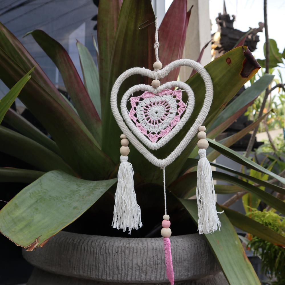 Ancient Wisdom Dream Catcher - Medium Pink Heart In Heart - 35cm