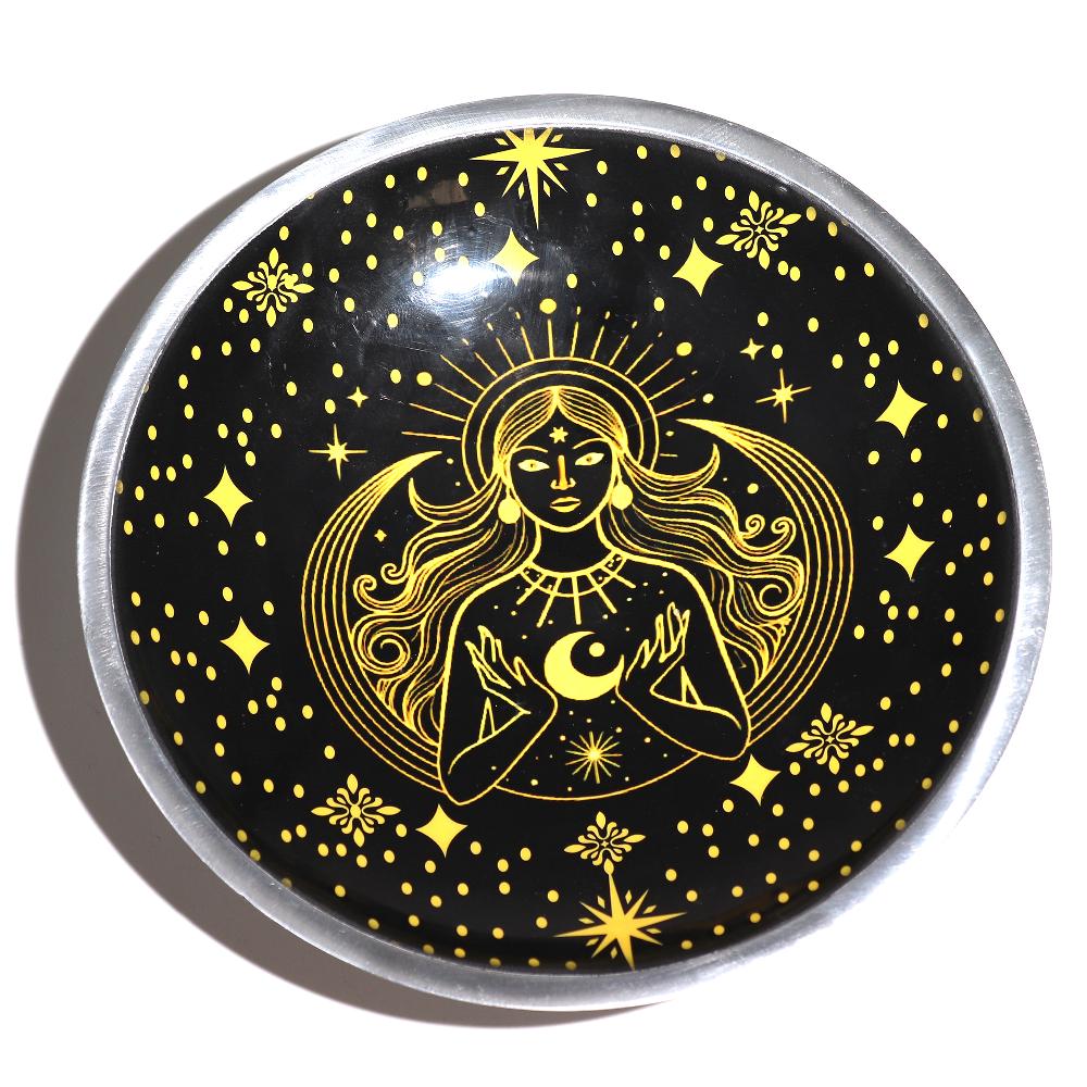 Ancient Wisdom Enamelled Offering Plate - Gold Goddess On Black