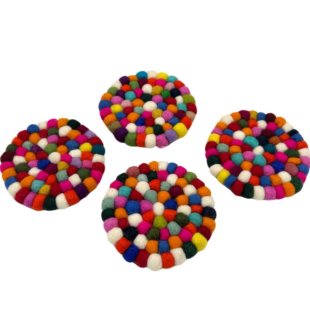 Ancient Wisdom Felt Ball Round Coasters - 10cm Multi Colour (set Of 4)