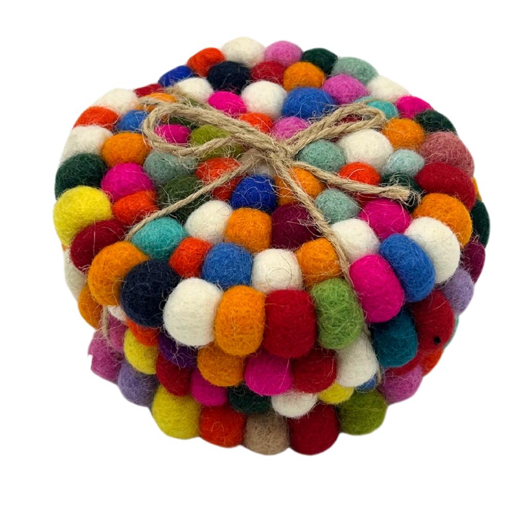 ancient wisdom Felt Ball Round Coasters - 10cm Multi colour (set of 4)