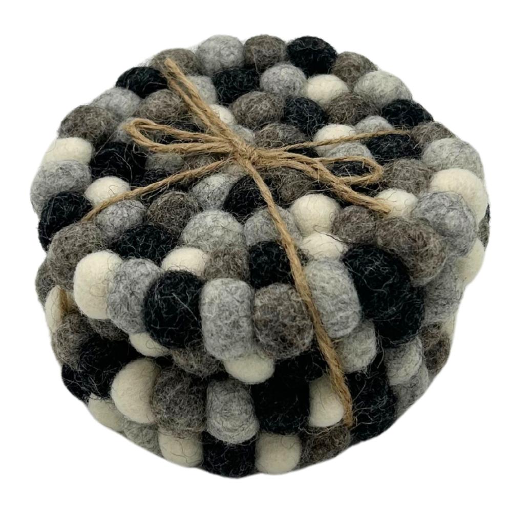 Ancient Wisdom Felt Ball Round Coasters - 10cm Multi Grey Colour (set Of 4)