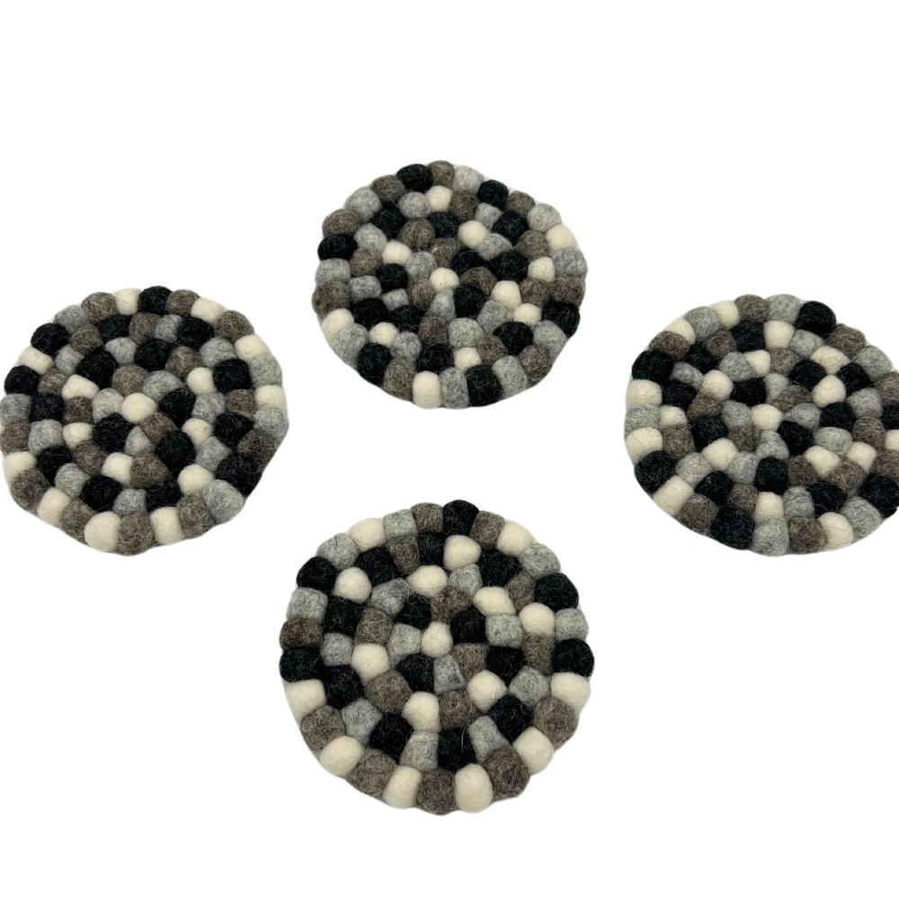 ancient wisdom Felt Ball Round Coasters - 10cm Multi Grey colour (set of 4)