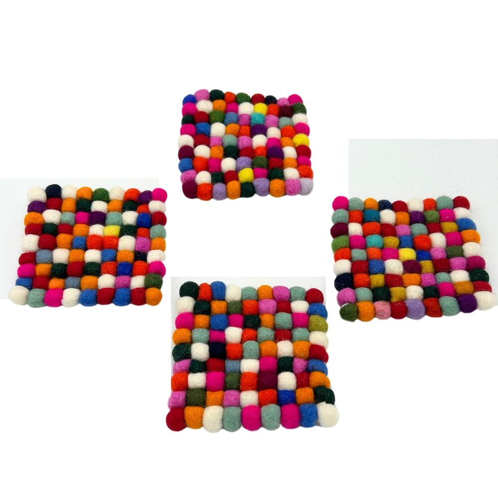 Ancient Wisdom Felt Ball Square Coasters - 10cm Multi Grey Colour (set Of 4)