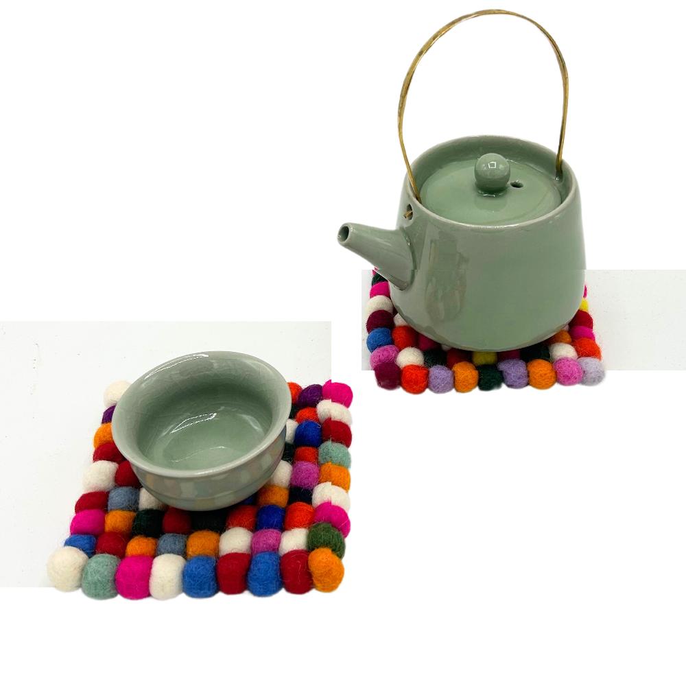 Ancient Wisdom Felt Ball Square Coasters - 10cm Multi Grey Colour (set Of 4)