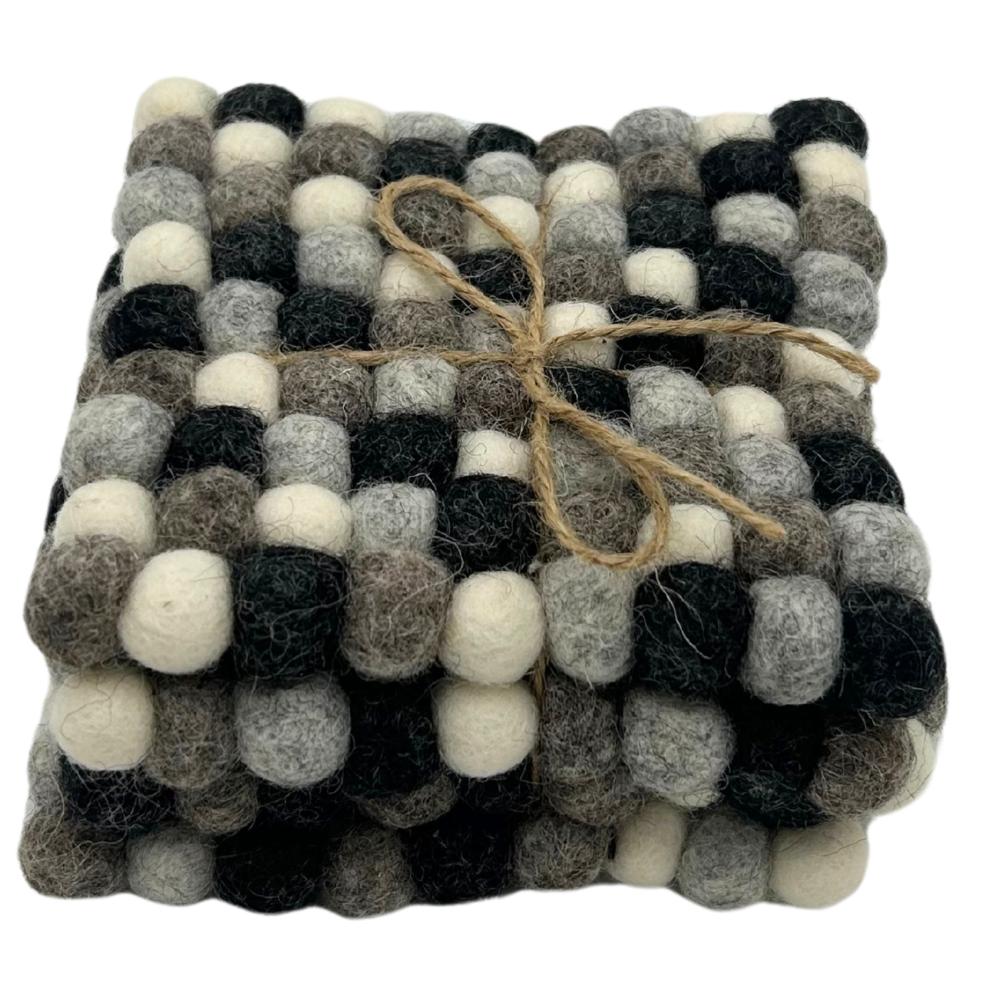 ancient wisdom Felt Ball Square Coasters - 10cm Multi Grey colour (set of 4)
