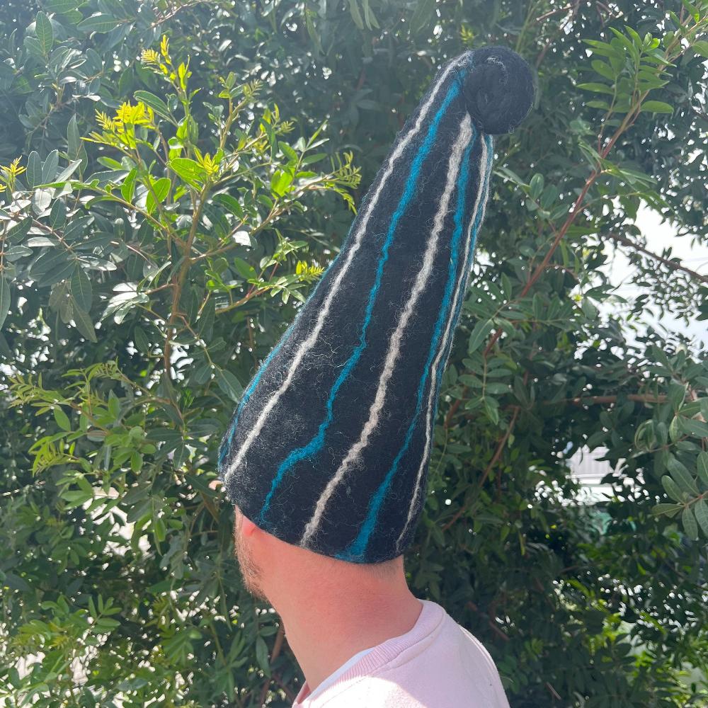 ancient wisdom Felted Sauna Wizard Hat - Black Blue Streaks