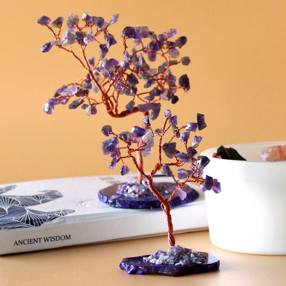 Ancient Wisdom Gemstone Tree - Amethyst On Natural Agate Base (35 Stones)