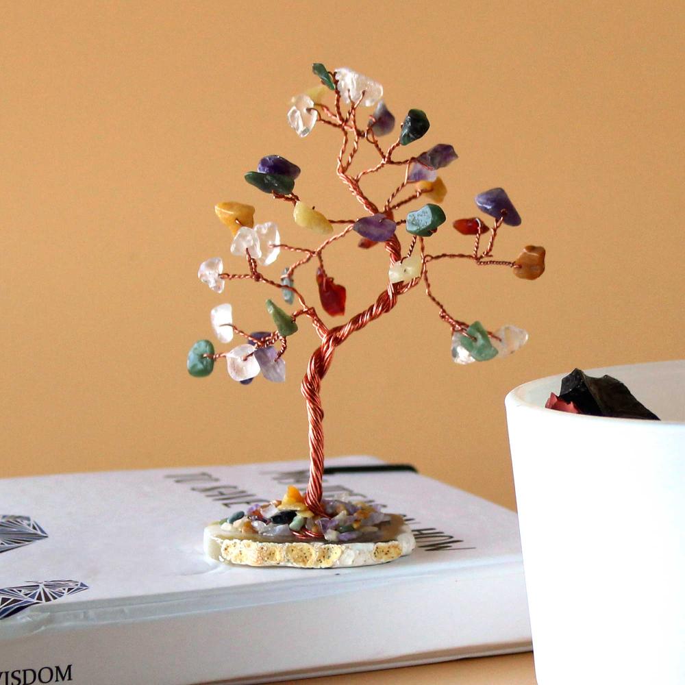 ancient wisdom Gemstone Tree - Multi Stones on Natural Agate Base (35 stones)
