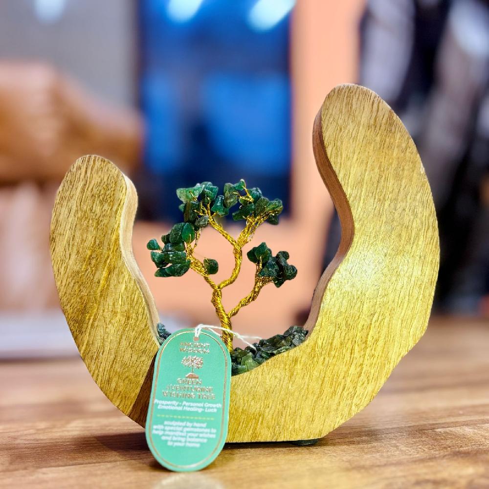 ancient wisdom Green Aventurine Gemstone Tree Garden in Mango Wood Open Ring - 60 Stones