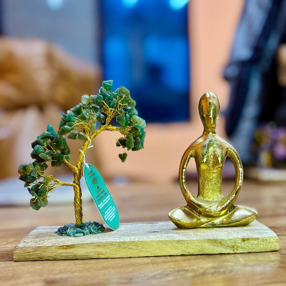 ancient wisdom Green Aventurine Gemstone Yoga Garden Tilted Tree - Padmasana Pose - 100 Stones
