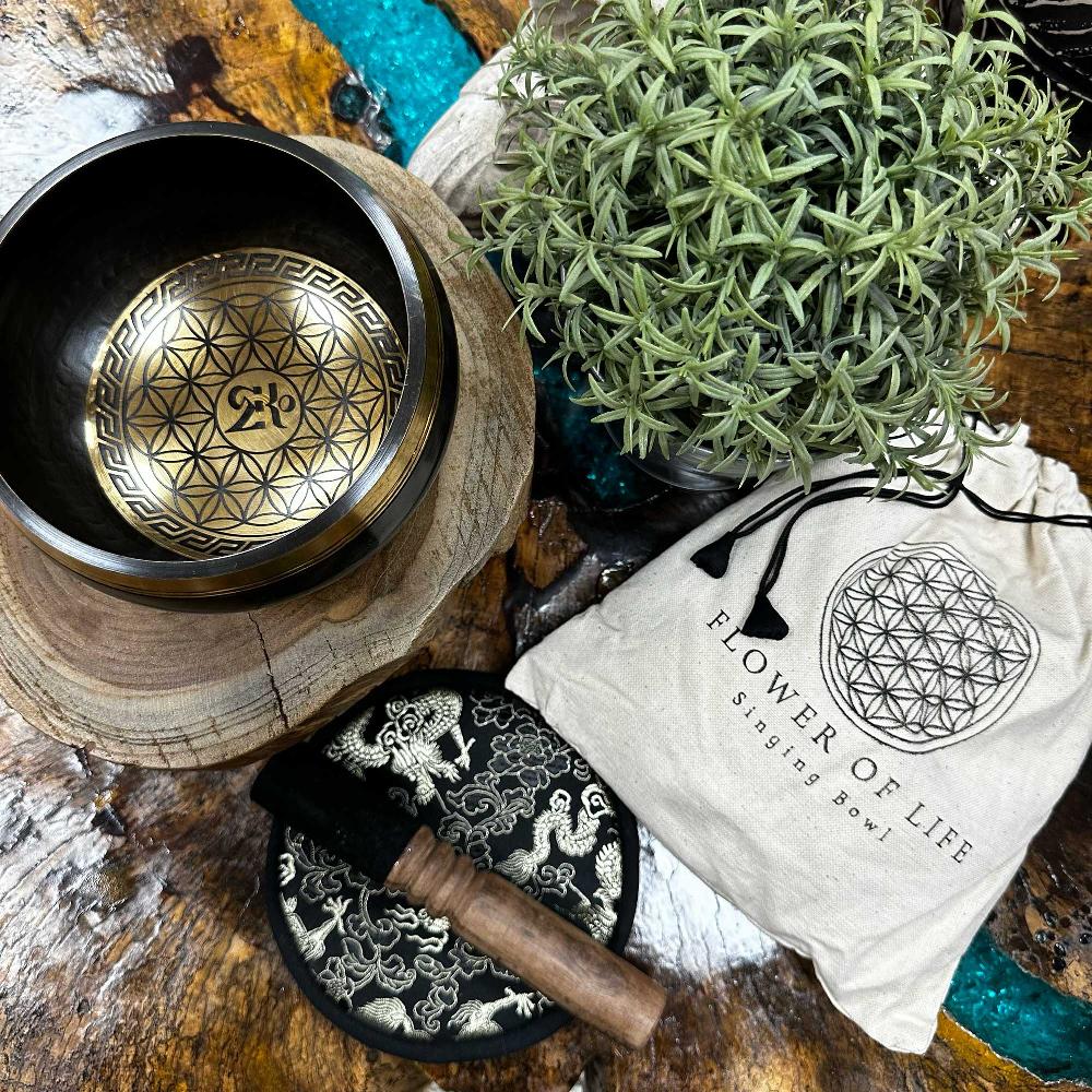 Ancient Wisdom Hand Beaten & Engraved Singing Bowl Gift Set - 14cm - Flower Of Life
