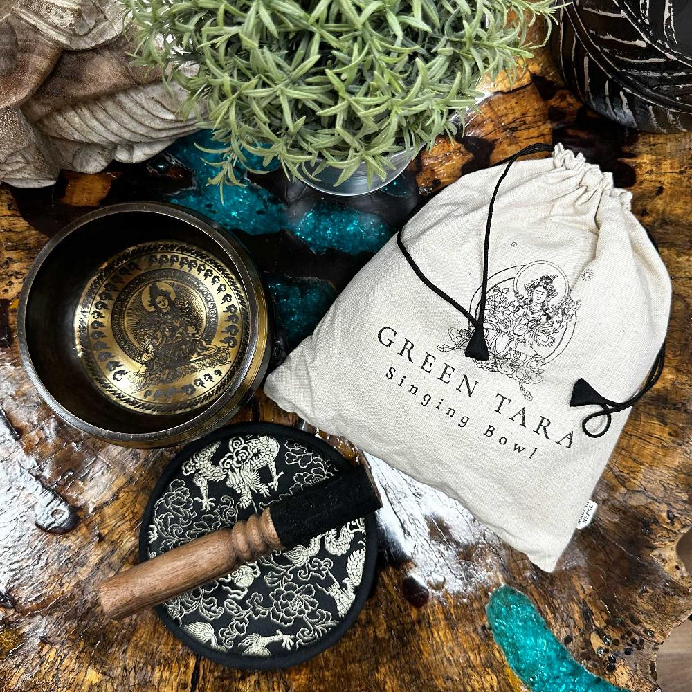 Ancient Wisdom Hand Beaten & Engraved Singing Bowl Gift Set - 14cm - Green Tara