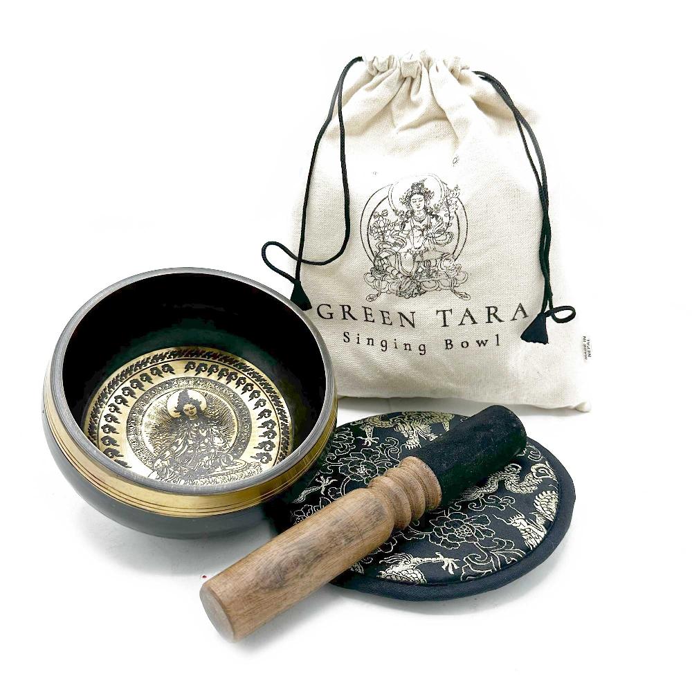 ancient wisdom Hand Beaten & Engraved Singing Bowl Gift Set - 14cm - Green Tara