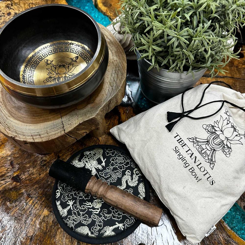 Ancient Wisdom Hand Beaten & Engraved Singing Bowl Gift Set - 14cm - Lotus Flower