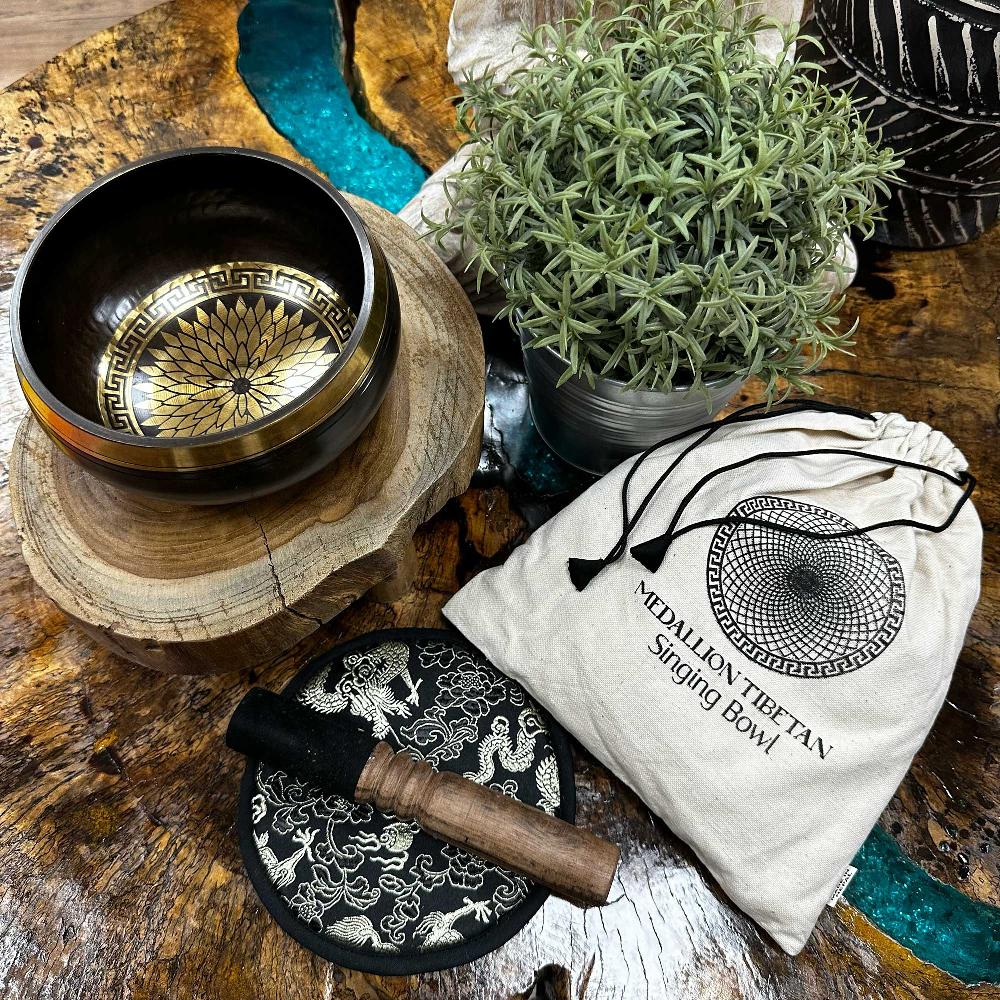 Ancient Wisdom Hand Beaten & Engraved Singing Bowl Gift Set - 14cm - Round Medallions