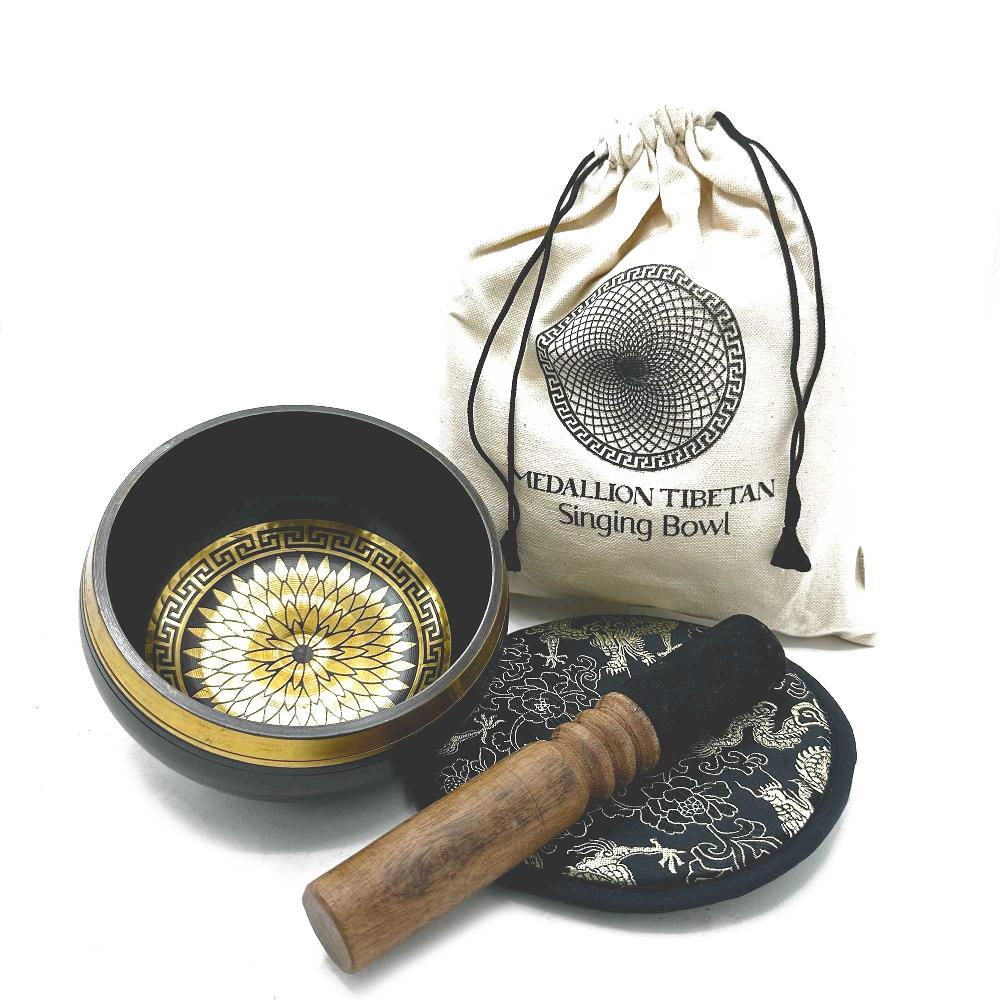 ancient wisdom Hand Beaten & Engraved Singing Bowl Gift Set - 14cm - Round Medallions
