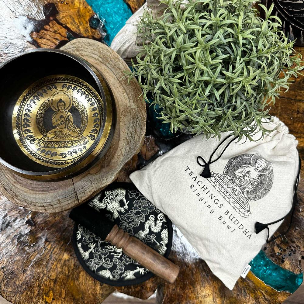 Ancient Wisdom Hand Beaten & Engraved Singing Bowl Gift Set - 14cm - Teachings Buddha