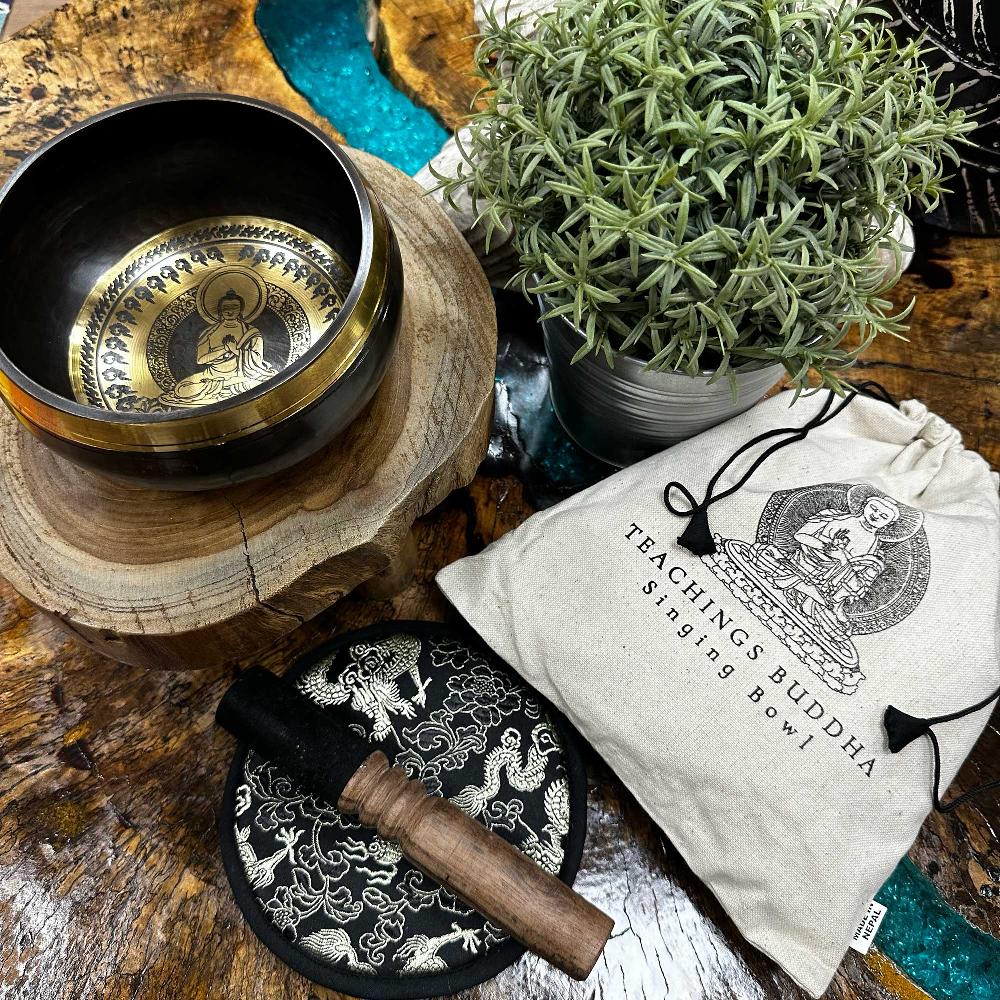 Ancient Wisdom Hand Beaten & Engraved Singing Bowl Gift Set - 14cm - Teachings Buddha