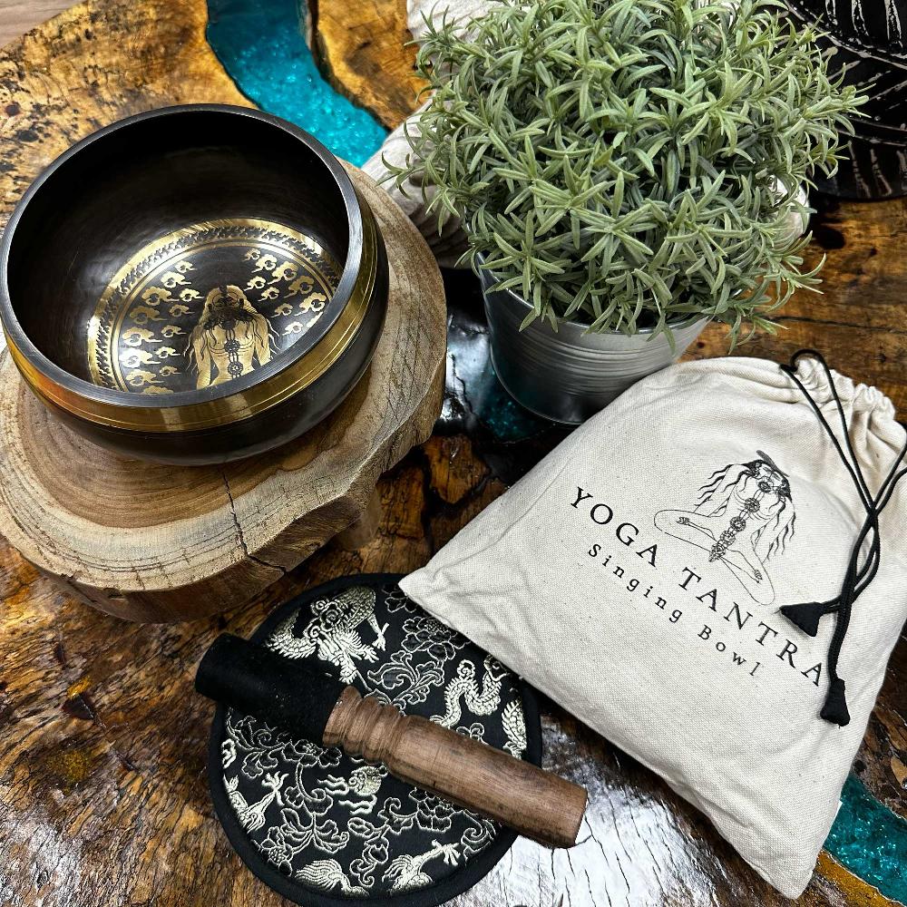 Ancient Wisdom Hand Beaten & Engraved Singing Bowl Gift Set - 14cm - Yogi