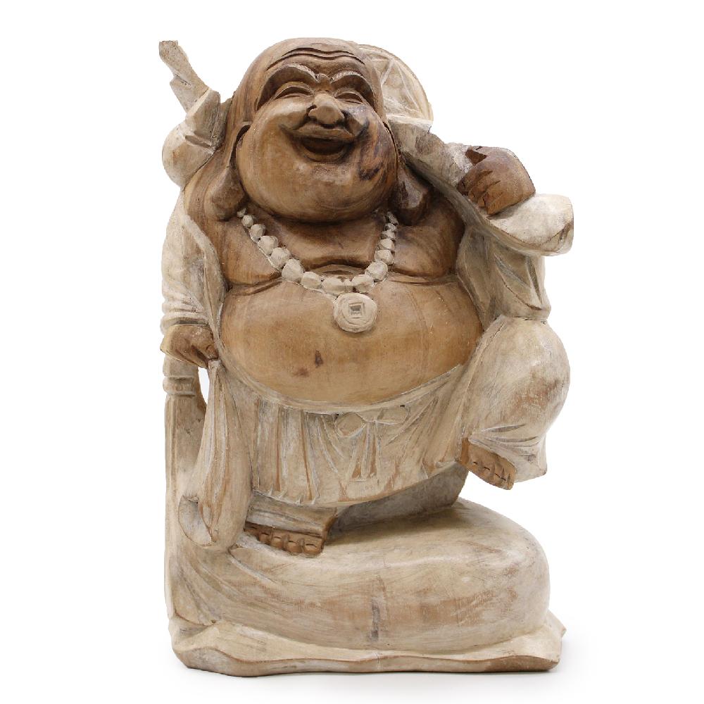 ancient wisdom Happy Buddha Bring Wood - Whitewash 30cm