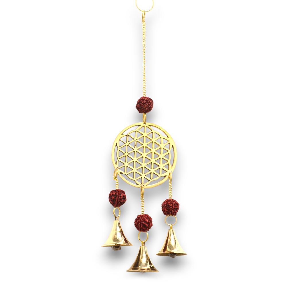 ancient wisdom Indian Chimes - Brass Flower of Life with Rudraksha Beads - 3 Bells - 6x27cm