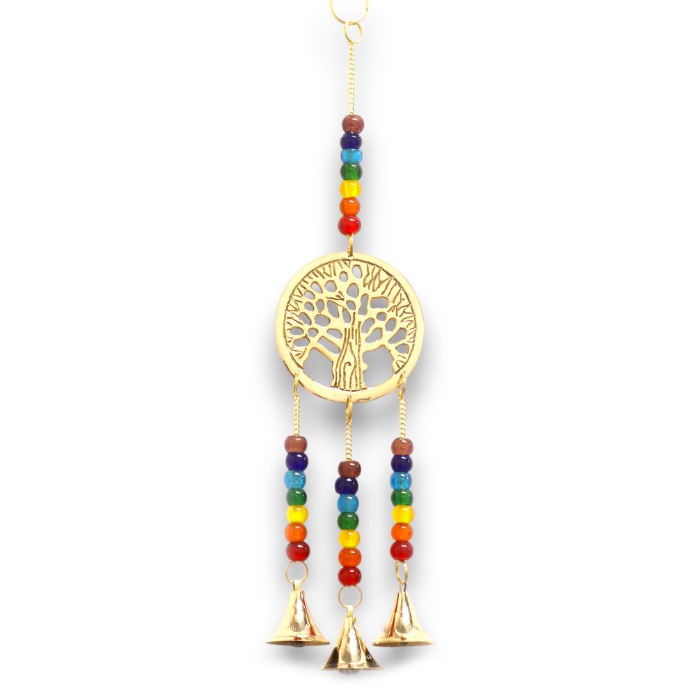 ancient wisdom Indian Chimes - Brass Tree of Life with Chakra Beads - 3 Bells - 6.5x31cm