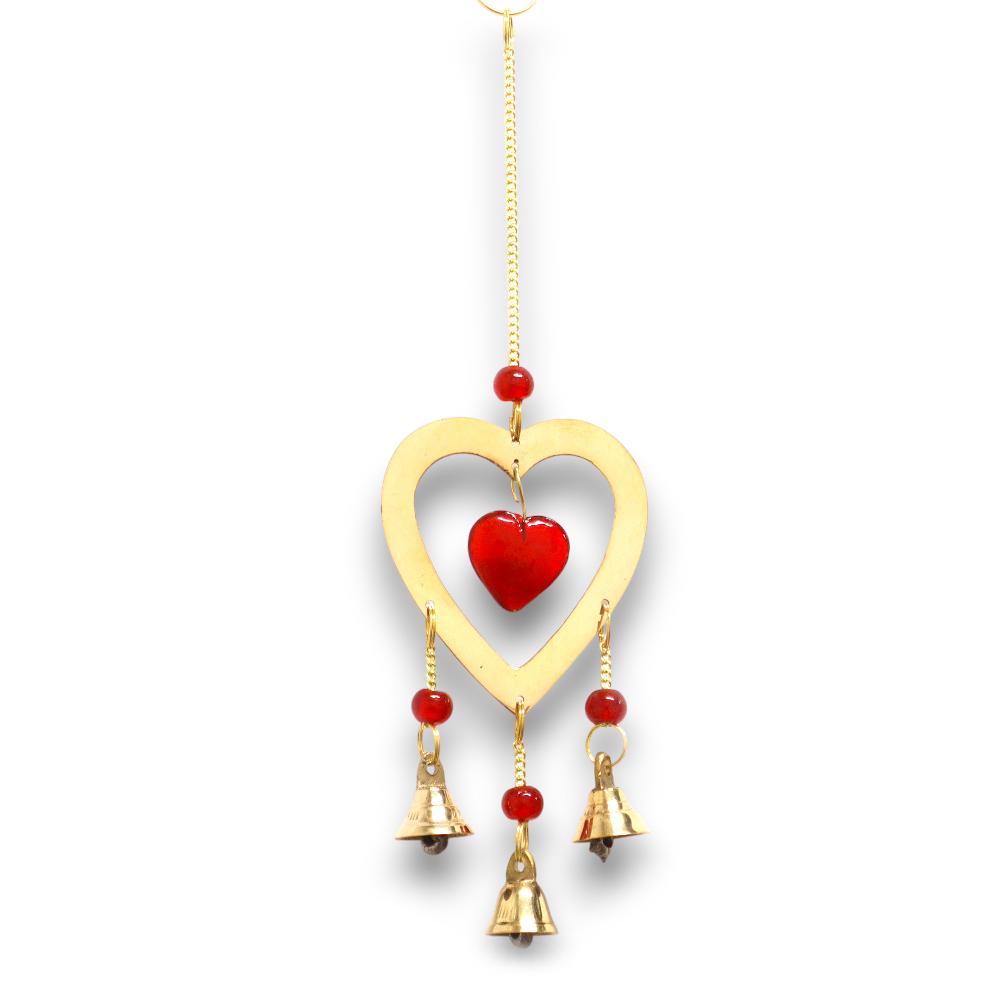 ancient wisdom Indian Chimes - Brass With Ruby Glass Heart Beads - 3 Bells - 6.5x24cm