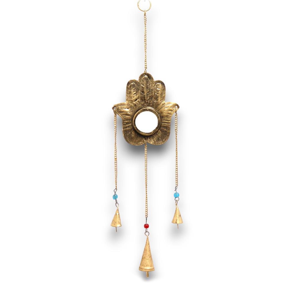 ancient wisdom Indian Chimes - Hamsa Sm Mirror 3 Bells - 14x55cm